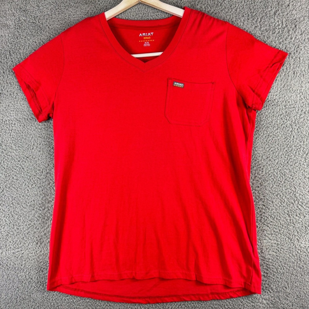 Ariat Rebar Shirt Mens XL Red Pocket Tee Workwear Cotton V Neck Durable Top